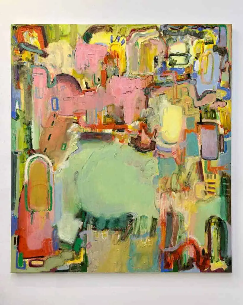 Abstract oil painting Give Way by Bunny Hennessey featuring gestural brushwork and overlapping shapes in warm pink, orange, and green tones.