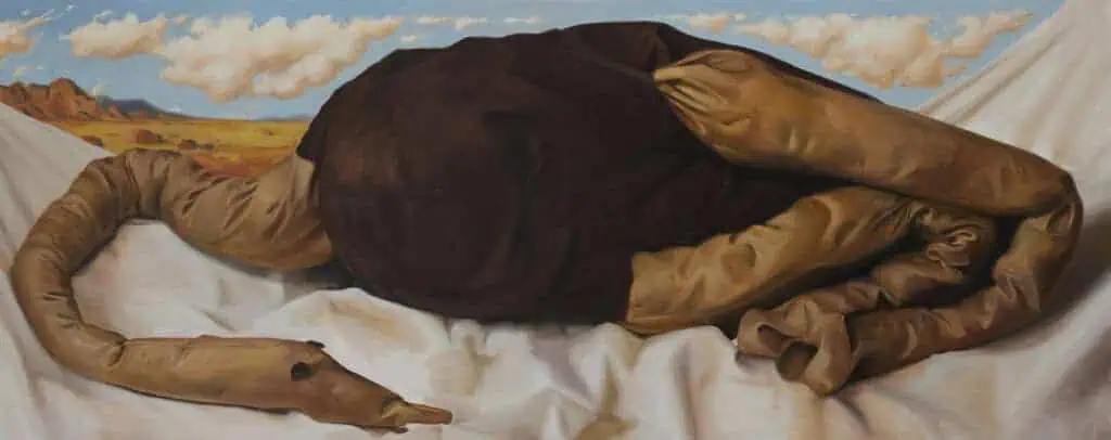 Conor Quinn’s Portrait of a Flightless Bird, oil on canvas, depicting a surreal soft sculpture-like creature resting under a vivid sky.