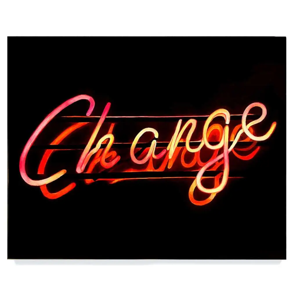 Katherine McMahon’s neon-inspired painting Change from her solo show Open Late at God’s Own Junkyard, exploring consumerism, desire, and twentieth-century pop culture.