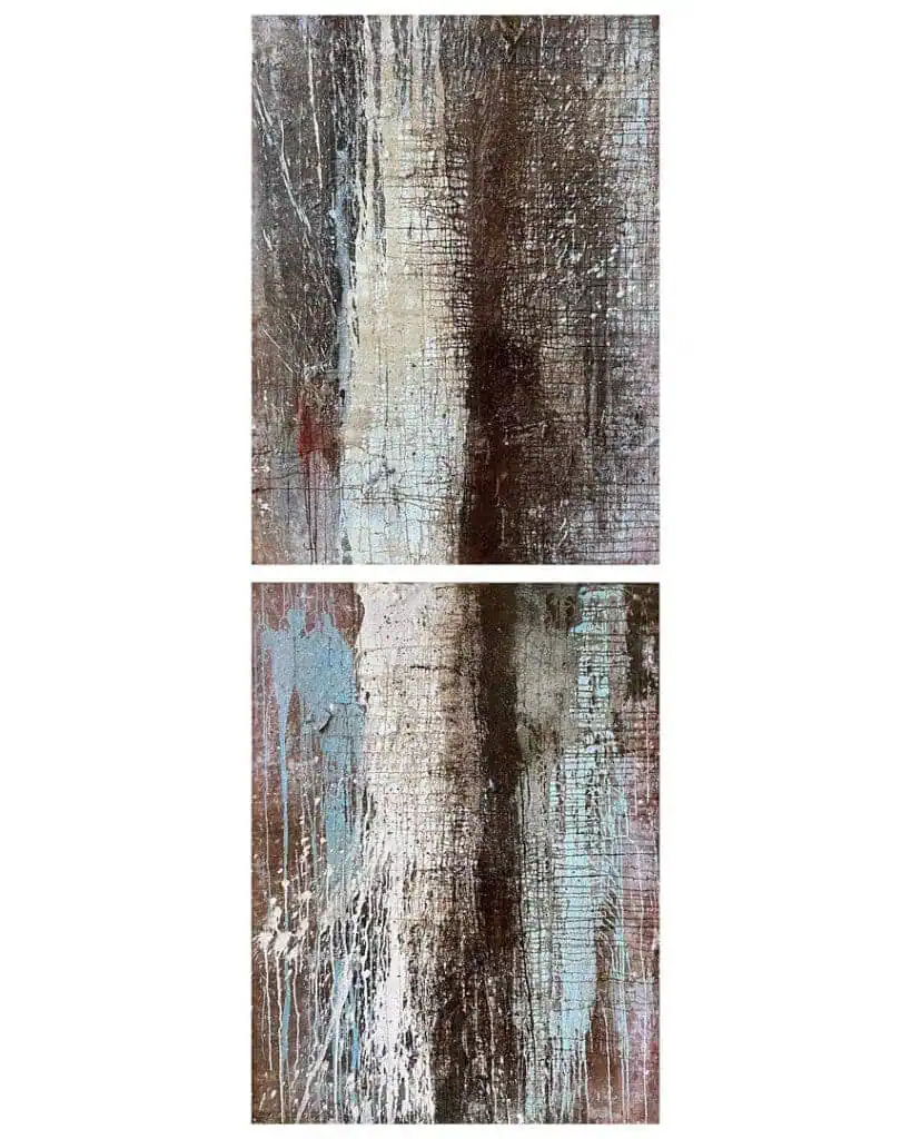 Charlie Boothright’s Basilisk, oil on canvas, featuring layered textures and earthy tones of brown, cream, and blue with expressive vertical movement.