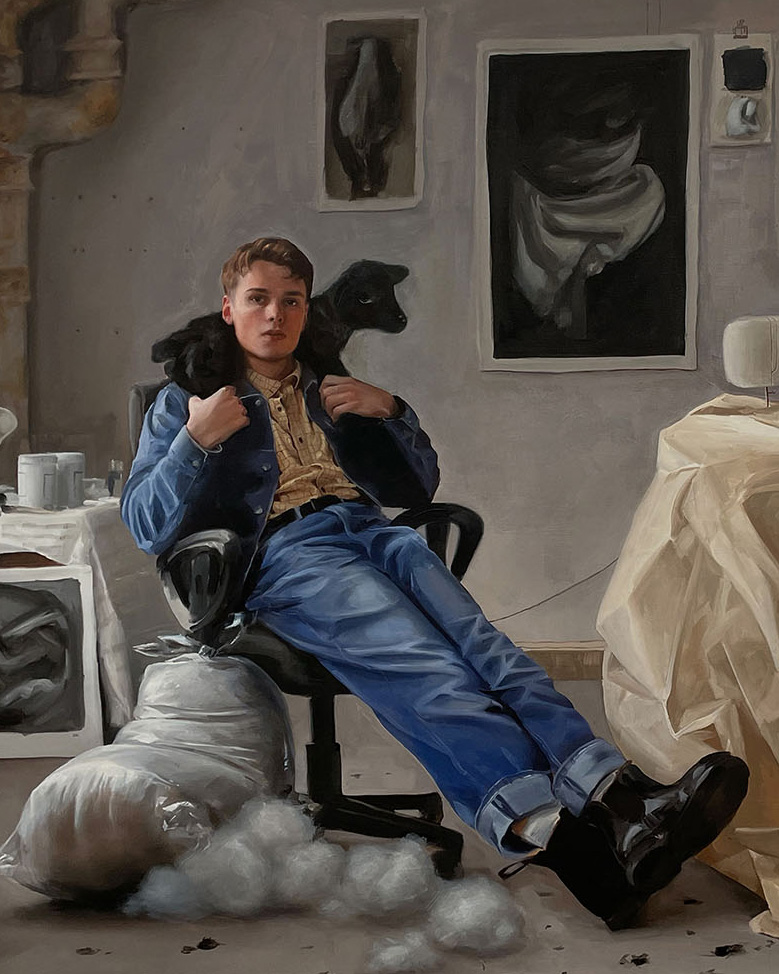 Close-up view of Conor Quinn’s painting Spring, showing a young man seated in a studio chair with a dark lamb draped over his shoulders, surrounded by fabrics and artworks in a softly lit artist’s studio.