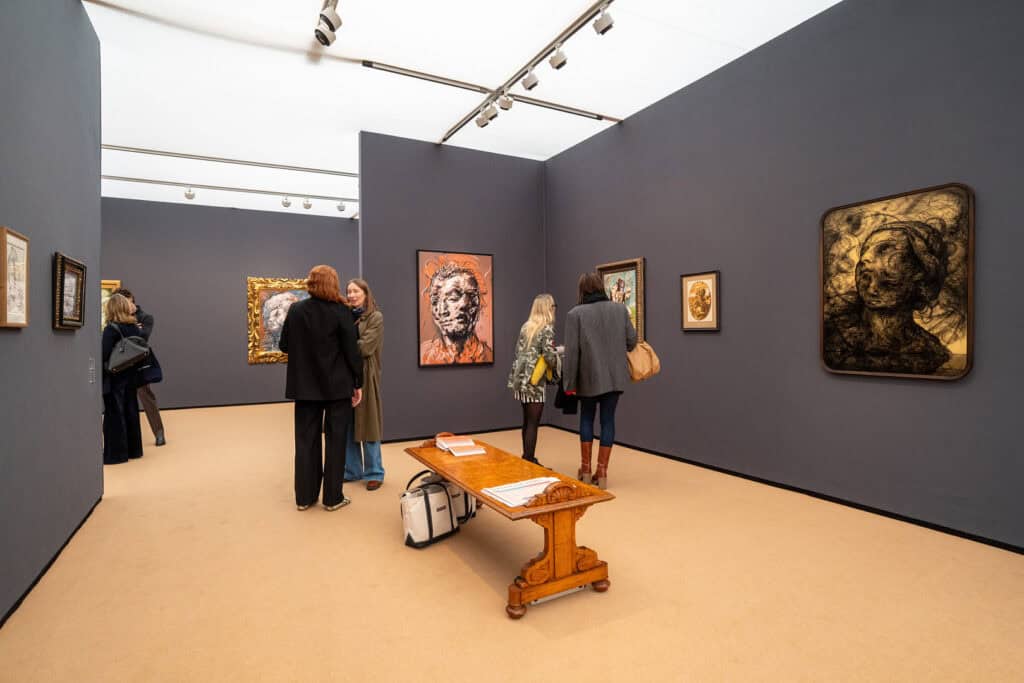 Installation view of Glenn Brown’s paintings at the Gagosian Gallery booth, Frieze Masters 2025, showcasing haunting, baroque-inspired works that blur life, death, and imagination.