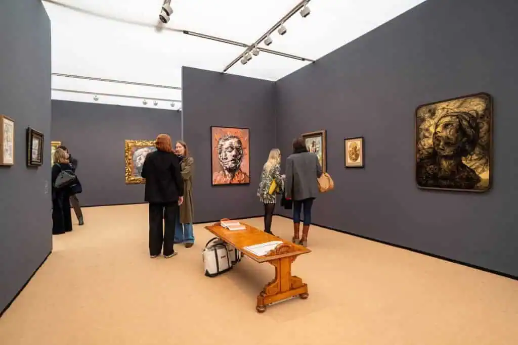 Installation view of Glenn Brown’s paintings at the Gagosian Gallery booth, Frieze Masters 2025, showcasing haunting, baroque-inspired works that blur life, death, and imagination.