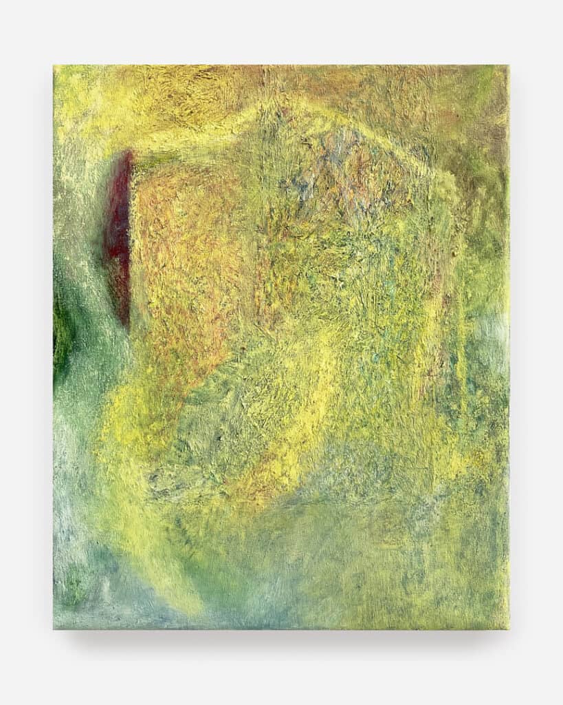 Textured oil painting titled In the Silent Lines (WW) (2025) by Karolina Albricht, in muted greens and yellows with delicate, layered brushwork.