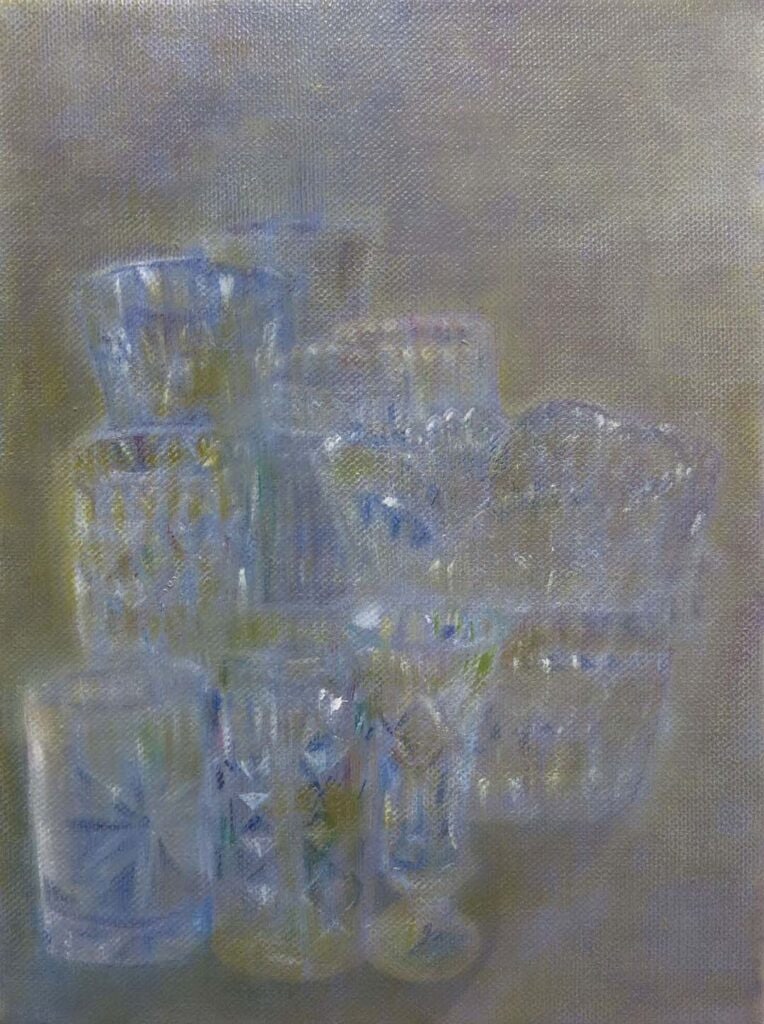 Mandy Hudson’s painting Glassware, depicting a soft, atmospheric arrangement of translucent glass vessels rendered in muted blues, yellows, and greys against a textured background.