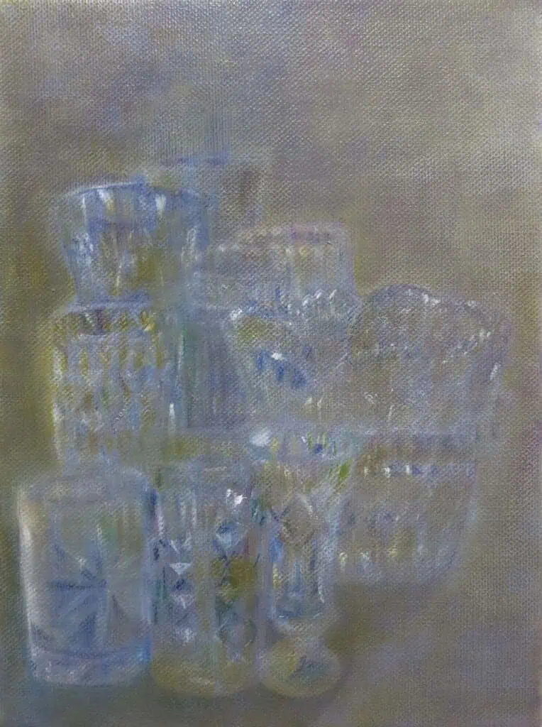 Mandy Hudson’s painting Glassware, depicting a soft, atmospheric arrangement of translucent glass vessels rendered in muted blues, yellows, and greys against a textured background.