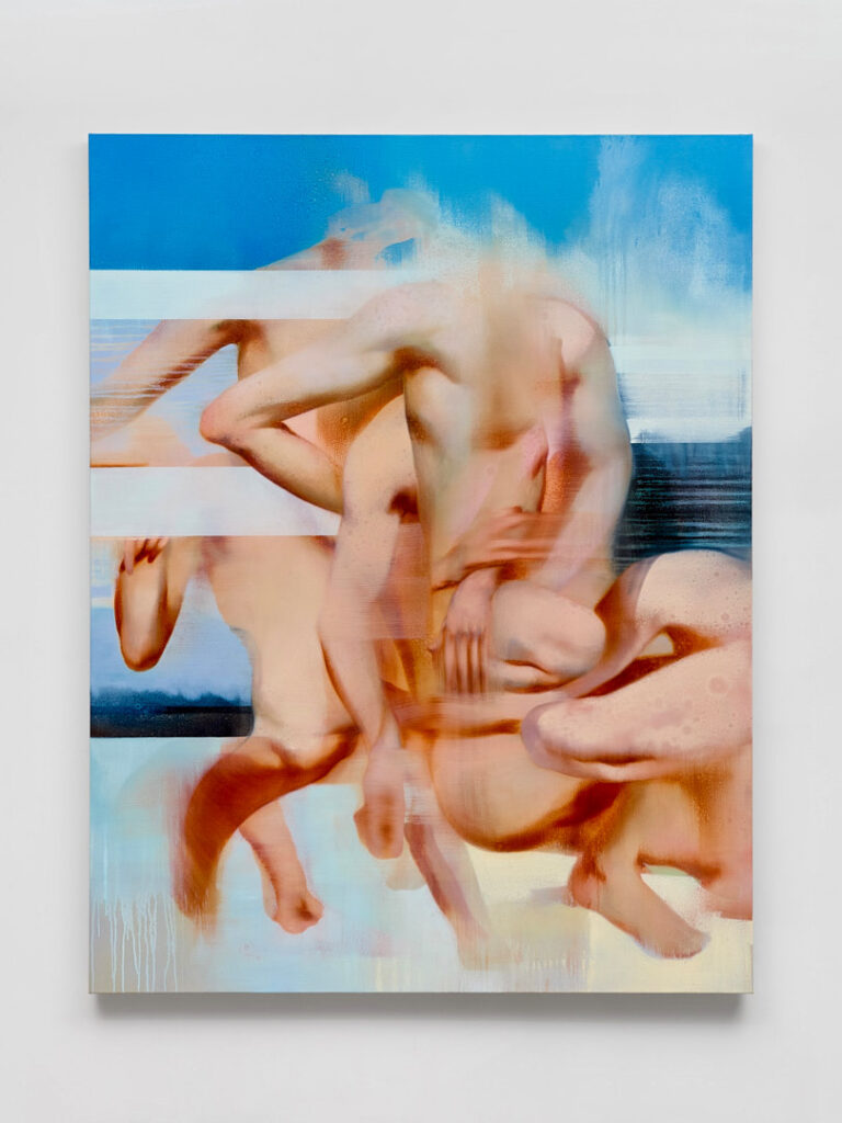 Preslav Kostov’s Hollow Beach (2025), oil on linen, featuring fragmented human figures in motion, blending realism and abstraction in warm tones.