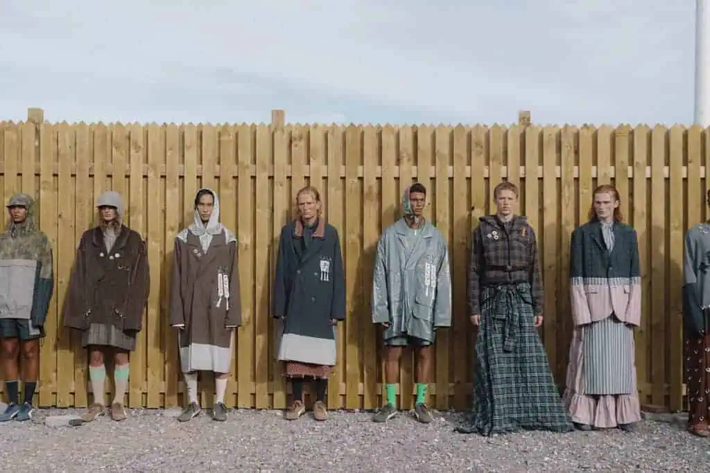 Lineup of models in oversized coats, layered skirts, and sporty details from Rolf Ekroth’s Copenhagen Fashion Week runway presentation.