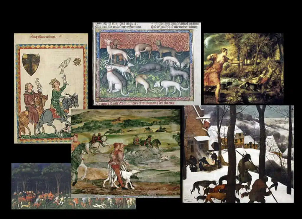 Collage of medieval and Renaissance hunting scenes with riders and hounds, reflecting historical pedigree symbolism.