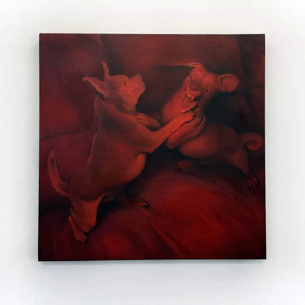 Red-toned painting of two small dogs play-fighting on a couch, exploring emotional tension in pedigree pets.