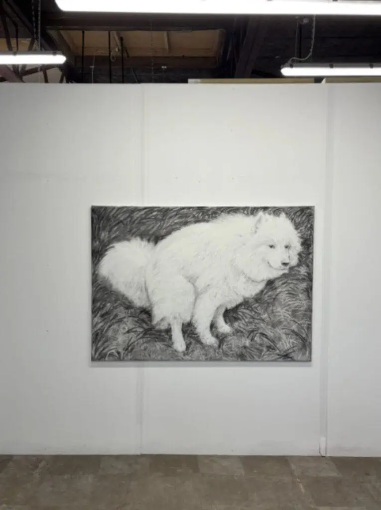 Charcoal artwork of a fluffy dog defecating in grass, a raw take on modern pedigree representation.