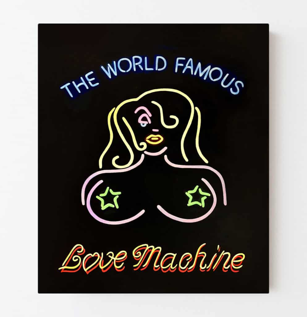 Katherine McMahon’s The World Famous Love Machine, a vibrant neon-style artwork blending erotic imagery and pop aesthetics at her Open Late exhibition, God’s Own Junkyard.