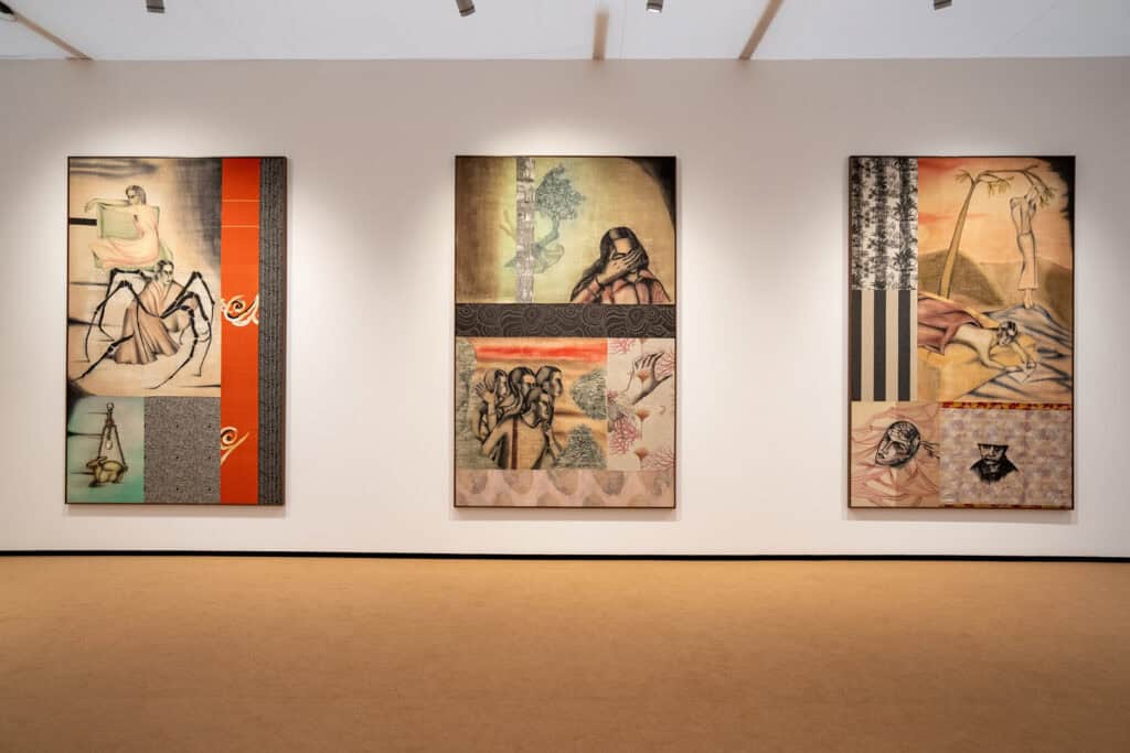 Anju Dodiya’s Ancestral Log triptych on display at Vadehra Art Gallery during Frieze Masters 2025, depicting feminine figures in dreamlike, symbolic compositions of paper and fabric.