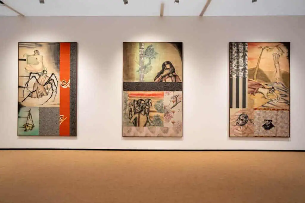Anju Dodiya’s Ancestral Log triptych on display at Vadehra Art Gallery during Frieze Masters 2025, depicting feminine figures in dreamlike, symbolic compositions of paper and fabric.