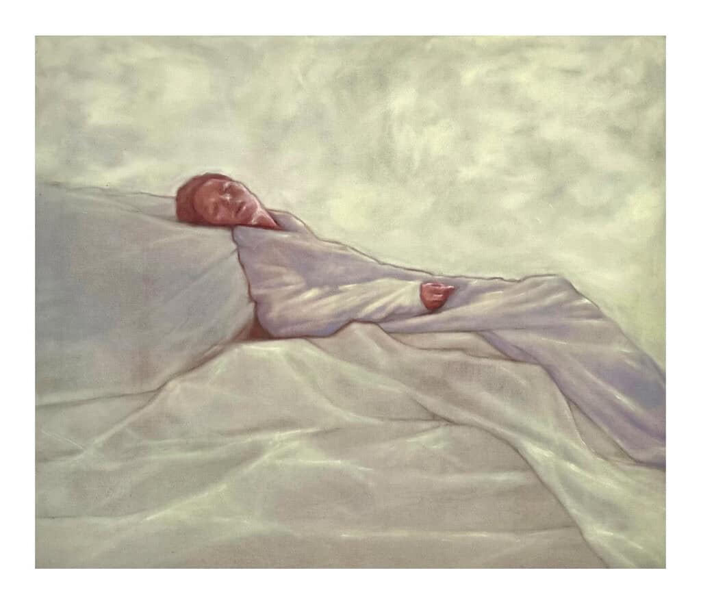 Elizabeth Dmitroff’s Passionately Sleeping (2024), oil on linen, depicting a figure peacefully resting in soft light with delicate tonal gradations.