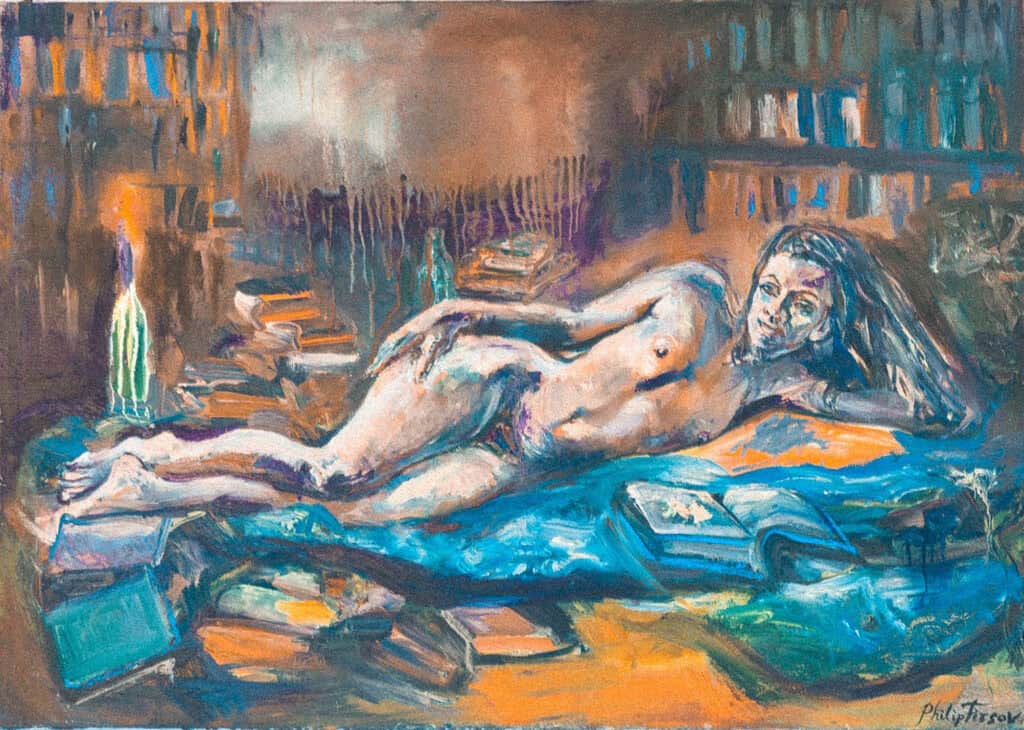 “Erotic expressionist painting by Philip Firsov showing a reclining nude woman surrounded by books in a dimly lit London studio during the Louche London art salons.”