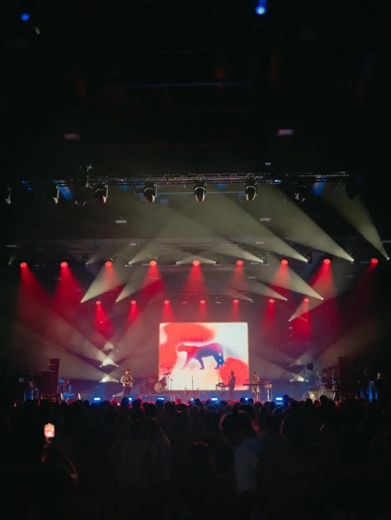 A live concert by Coca Puma, with the stage lit in red and yellow beams and a central screen showing an abstract moving figure as the audience watches.