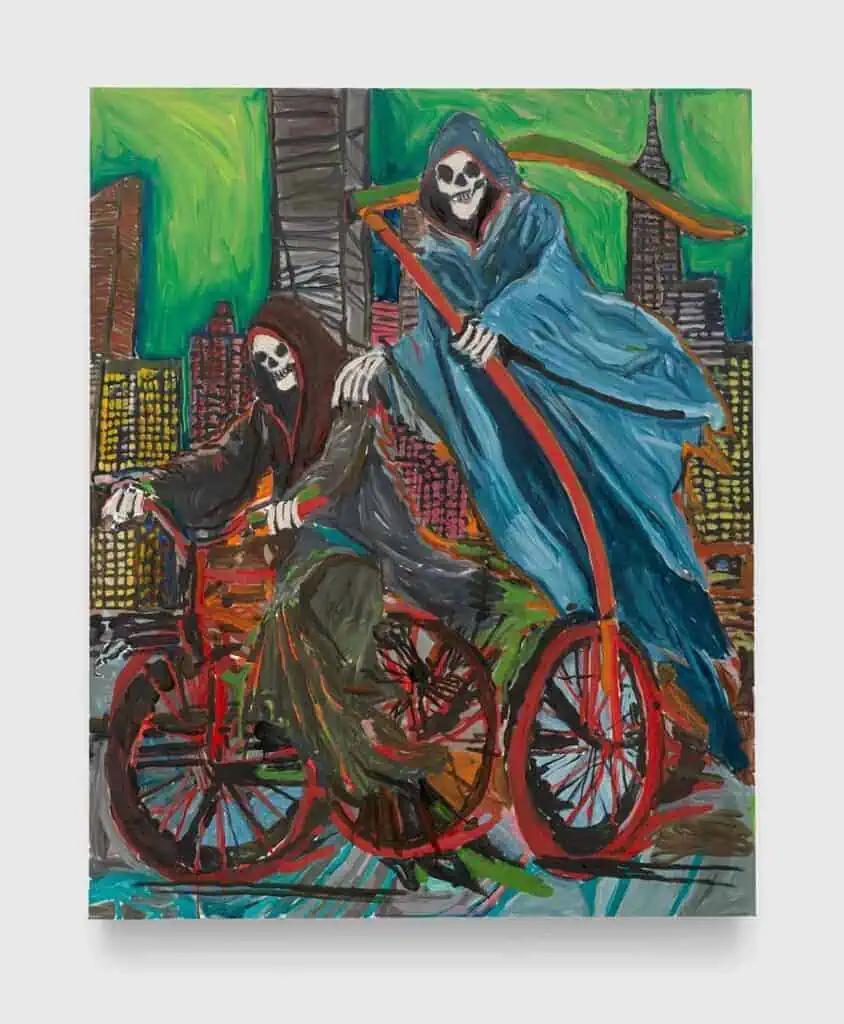 Josh Smith’s The Final Empire (2025) painting at David Zwirner Gallery, depicting two Grim Reapers cycling through a surreal green-tinted New York City skyline during Frieze London 2025.