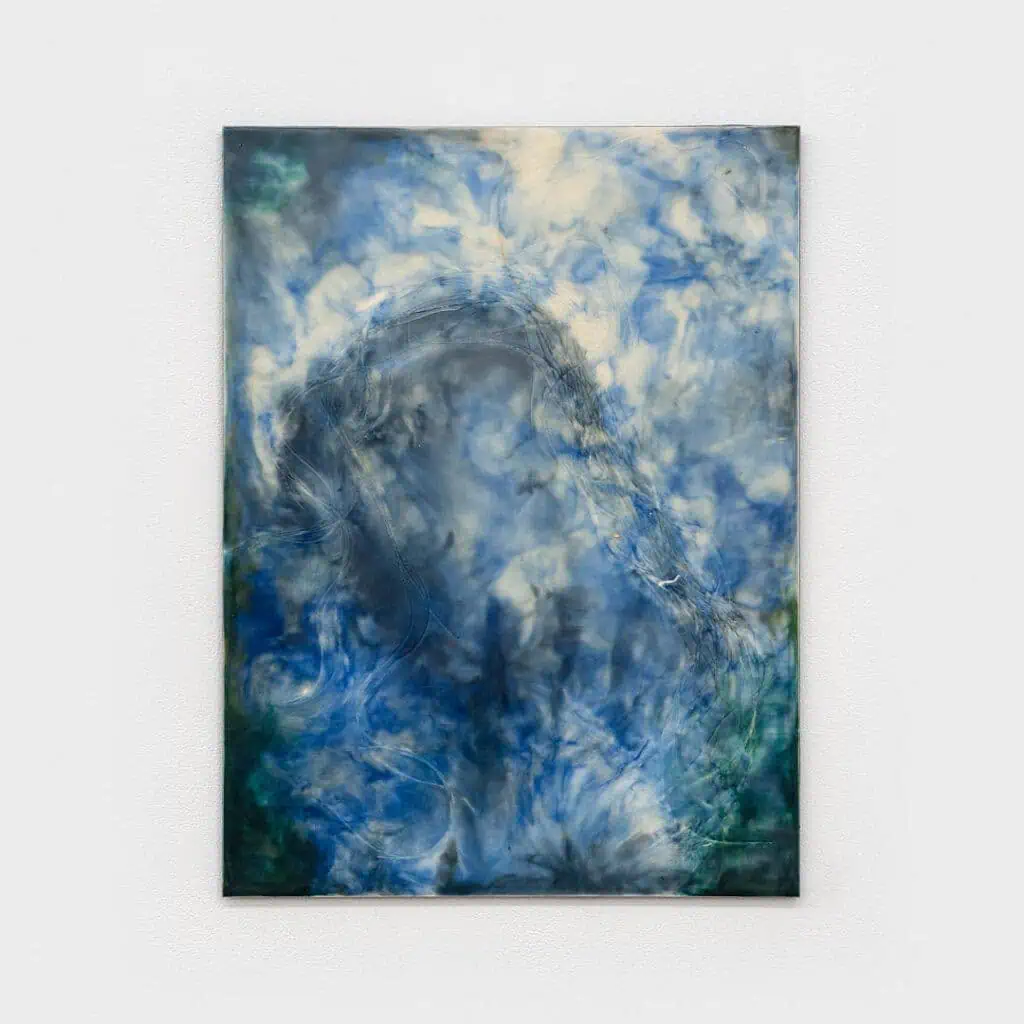 An abstract painting featuring swirling shades of blue, white, and hints of green evokes a cloudy, ethereal effect—reminiscent of works showcased in the Xin-Liu exhibition at Frieze London 2025. Soft edges and textured lines add depth throughout.