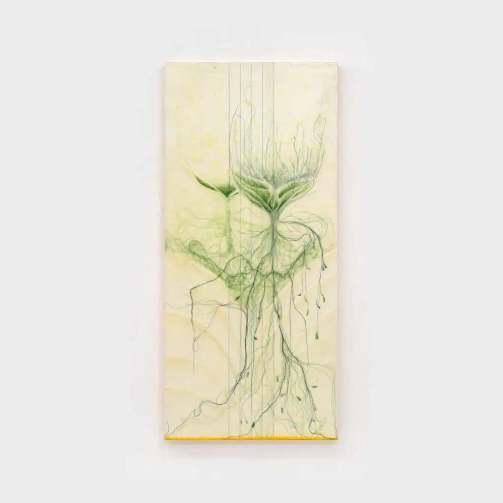 Abstract painting with delicate green lines and strands resembling plant roots or veins, on a pale background with subtle yellow and beige tones—an evocative piece inspired by organic growth, featured in the Xin-Liu exhibition at Freze London 2025.