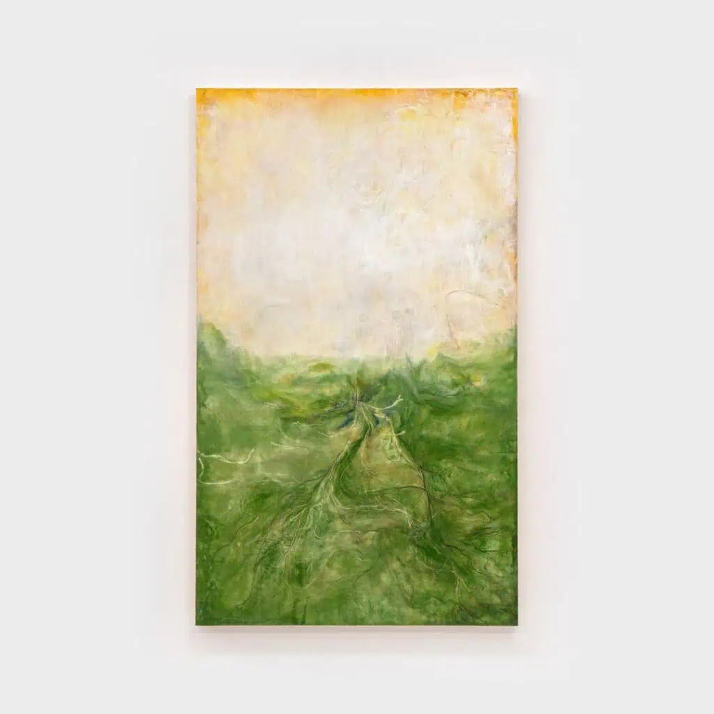 A rectangular painting featured in the Xin-Liu exhibition at Frieze London 2025, with swirling green hues at the bottom resembling abstract grass, blending into soft white and yellow tones above, evoking a glowing sky or misty horizon.