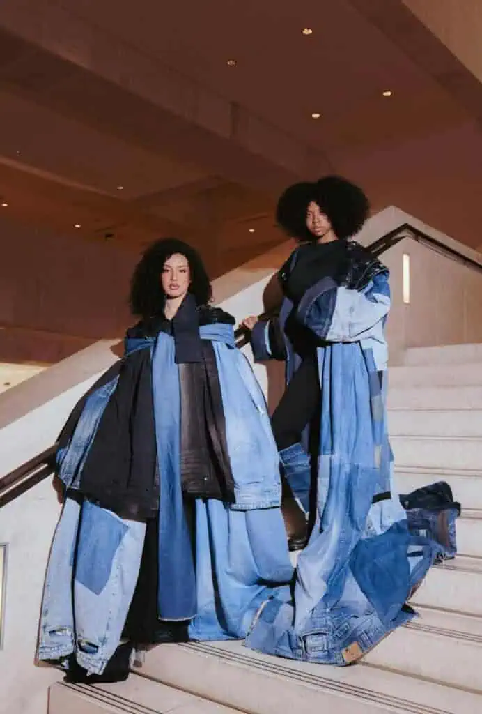 Models wearing Samah Sulyman’s oversized patchwork denim coats from the Jeu de Denim collection.