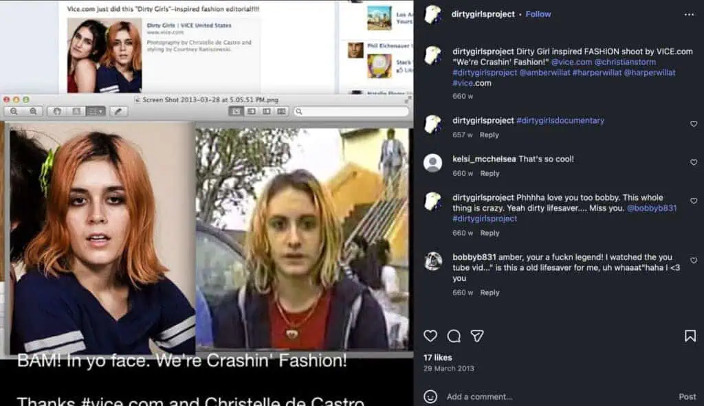 Screenshot of an Instagram post featuring two images—a woman with orange hair and a blonde woman—alongside captions discussing VICE’s Were Crashin Fashion! fashion editorial, reminiscent of the edgy style seen in the Dirty Girls documentary.