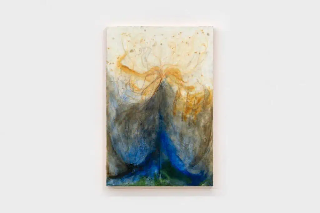 Abstract painting with swirling patterns of blue, green, black, and ochre on a white background. Evoking nature or flowing water, this piece will be featured at the Xin-Liu exhibition at Frieze London 2025.