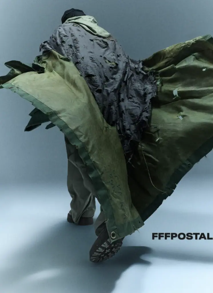 A person wearing a tattered, oversized green and gray cloak walks away on a light blue background; the cloak billows out dramatically. The word FFFPOSTAL is boldly featured in the bottom right corner.