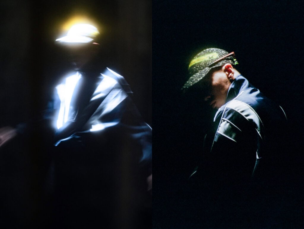 Split image: On the left, a person in a reflective jacket and cap appears blurred with glowing light. On the right, the same person is in sharper focus, wearing a speckled cap and dark jacket in low light.