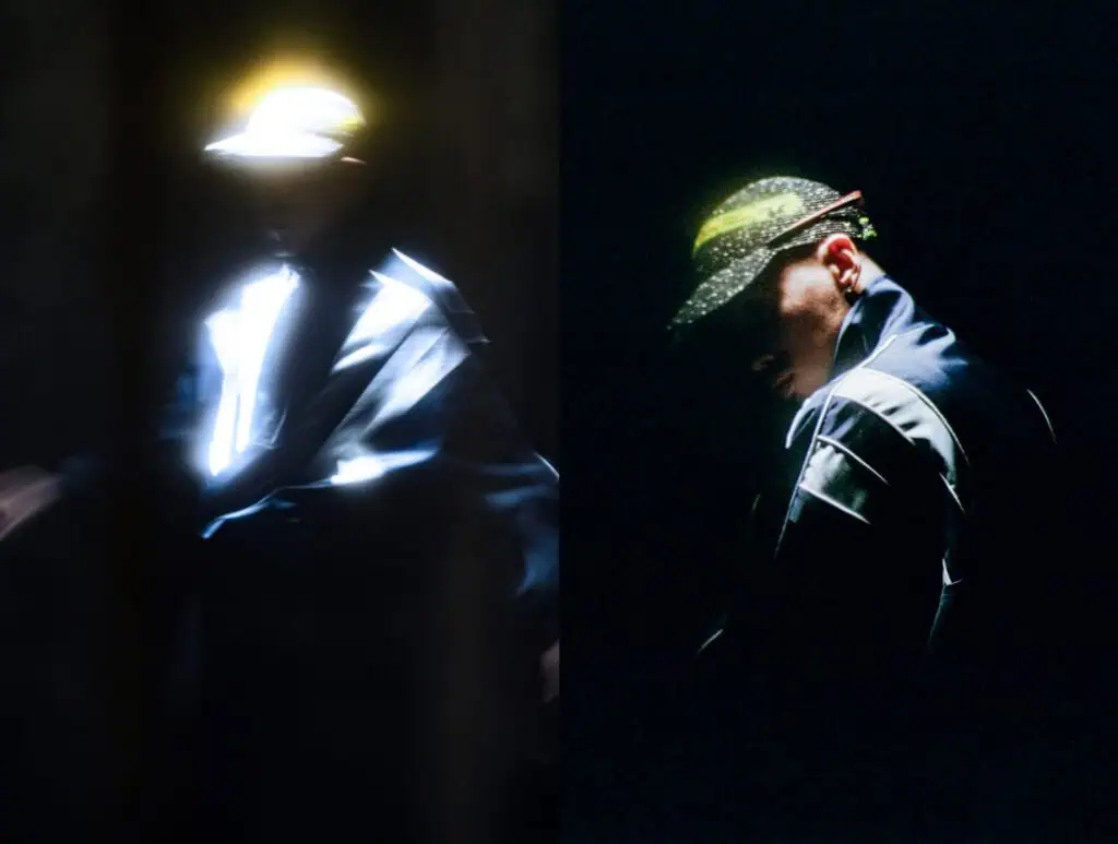 Split image: On the left, a person in a reflective jacket and cap appears blurred with glowing light. On the right, the same person is in sharper focus, wearing a speckled cap and dark jacket in low light.