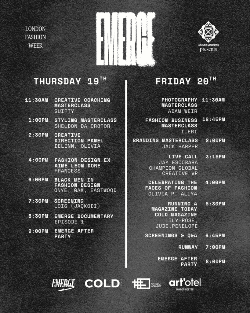 Schedule for EMERGE at London Fashion Week, with events on Thursday 19th and Friday 20th, listing masterclasses, panels, screenings, fashion shows, and after parties on a black textured background.