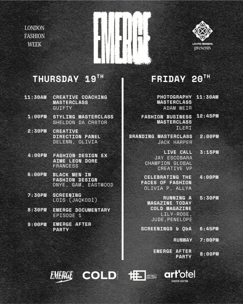 Schedule for EMERGE at London Fashion Week, with events on Thursday 19th and Friday 20th, listing masterclasses, panels, screenings, fashion shows, and after parties on a black textured background.