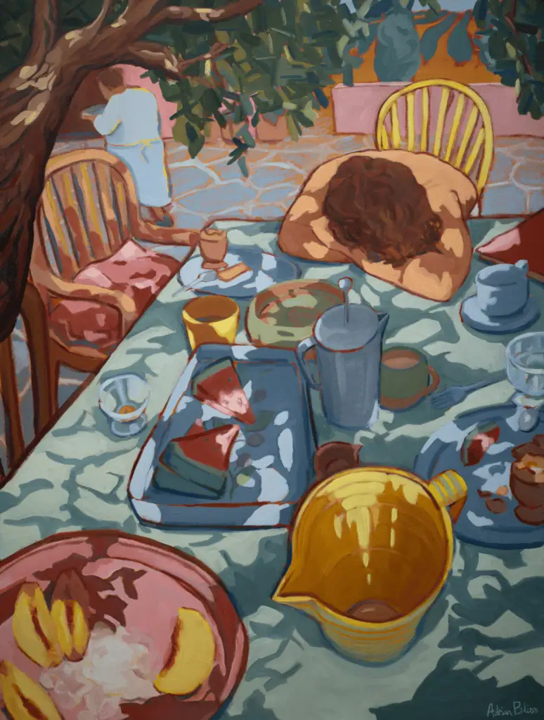 A colorful painting by Adrian Bliss showing a table set with cups, plates, watermelon, and a yellow pitcher. A person with brown hair rests their head on the table, while another figure walks away in the background. Sunlight filters through tree branches above.