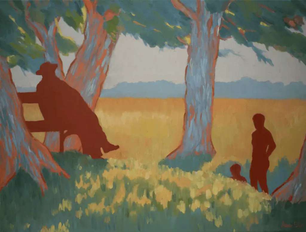 An impressionist painting by Adrian Bliss shows three reddish-orange silhouettes: one lounging on a tree branch, another standing, and a child sitting beneath leafy trees, with yellow flowers and a sunlit field in the background.