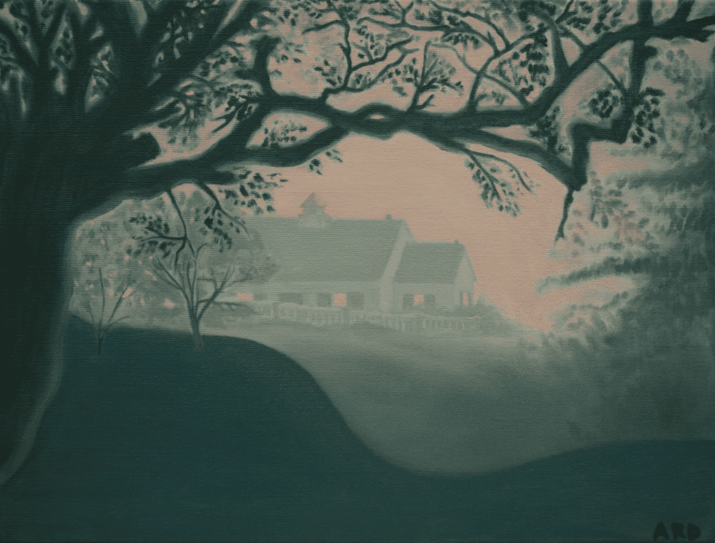A misty scene with a large tree in the foreground, its branches framing a house in the distance. The house is partially obscured by fog and surrounded by soft greenery, creating a tranquil, mysterious atmosphere.