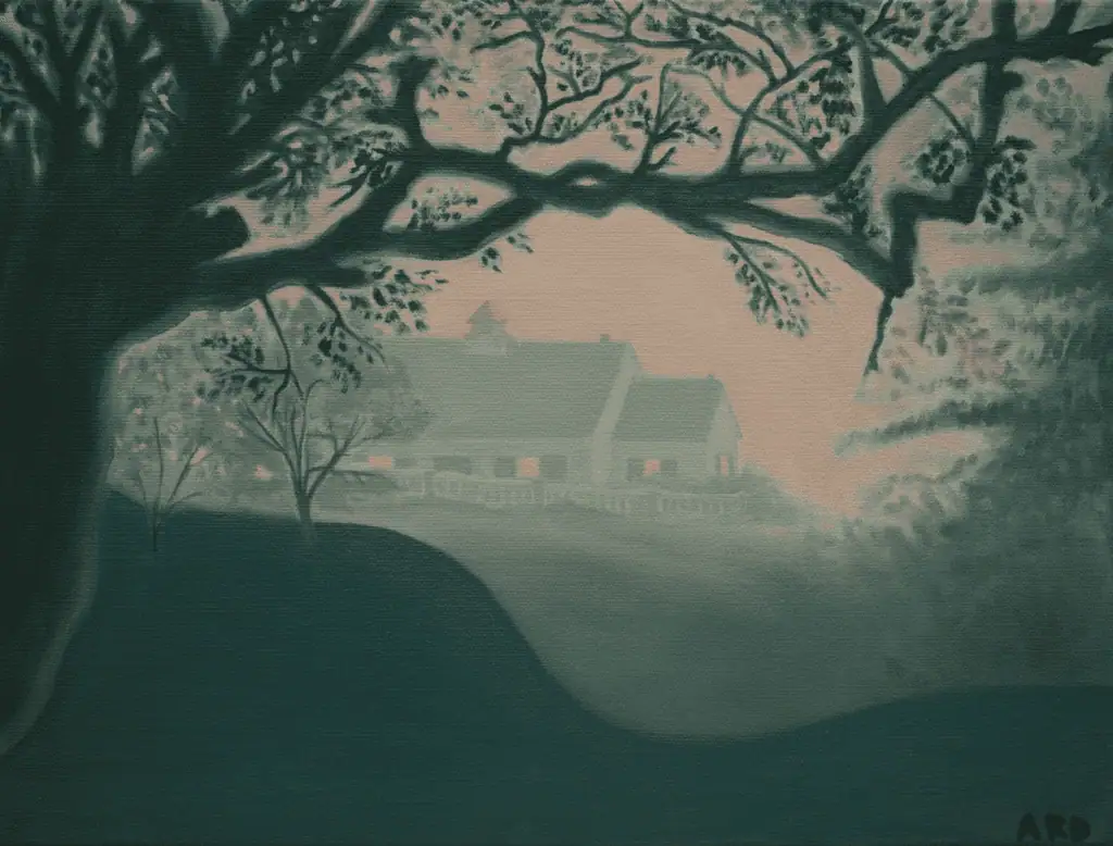 A misty scene by Arden Rose with a large tree in the foreground, its branches framing a house in the distance. The house is partially obscured by fog and surrounded by soft greenery, creating a tranquil, mysterious atmosphere.