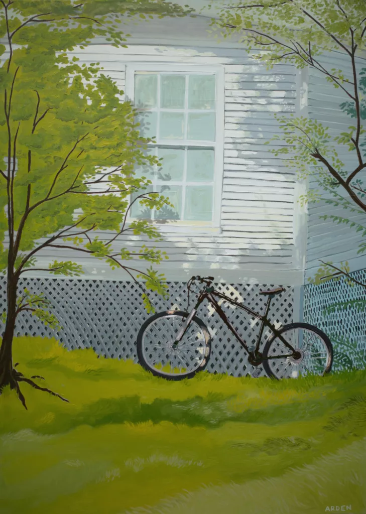 A painting by Arden Rose showing a bicycle leans against the white lattice foundation of a house with light siding and a large window. Green grass and leafy trees frame the foreground, casting dappled shadows in the scene.