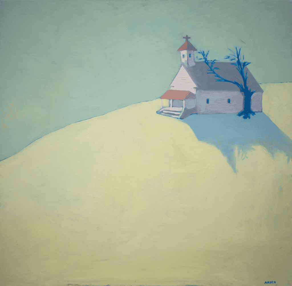 A small, white church with a red roof sits on a pale, grassy hill. A leafless tree stands beside it, casting a blue shadow. The background is minimal, with soft green and yellow tones.