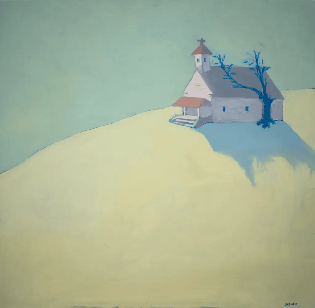Painting by Arden Rose; A small, white church with a red roof sits on a pale, grassy hill. A leafless tree stands beside it, casting a blue shadow. The background is minimal, with soft green and yellow tones.