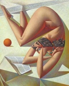 A surreal, cubist-style painting of a nude woman lying on her back, twisted with her legs over her head, reading a book. An orange sits nearby on the floor. The colors are soft and geometric, with strong shadowing.