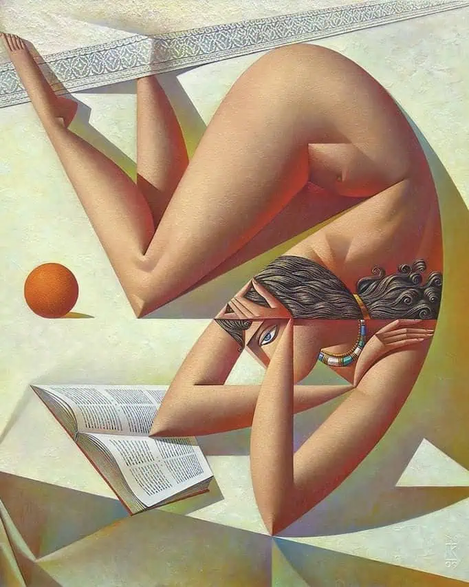 A surreal, cubist-style painting of a nude woman lying on her back, twisted with her legs over her head, reading a book. An orange sits nearby on the floor. The colors are soft and geometric, with strong shadowing.