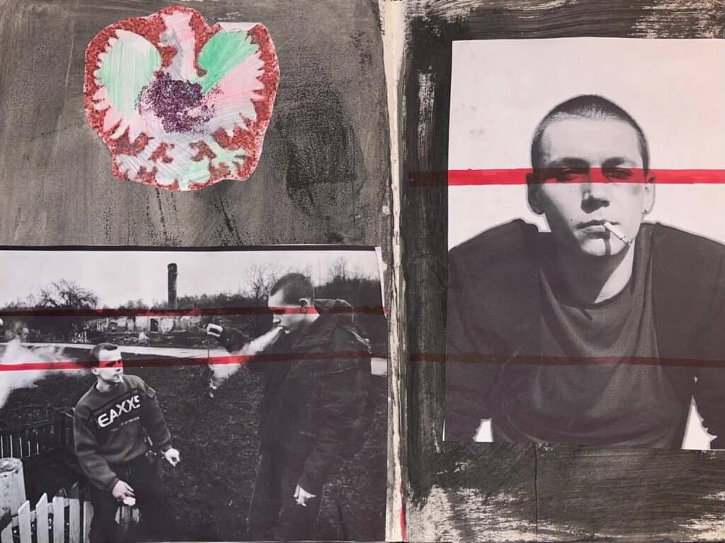 A collage by Kalina Dorożyńska featuring two black-and-white photos of young men, one with a cigarette; red lines cross both images horizontally. At the top left, a colorful drawing of an abstract bird appears on a gray textured background.