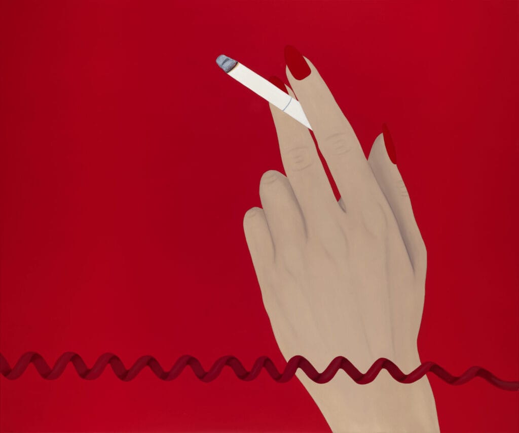 A hand with long red nails holds a lit cigarette against a solid red background. A dark red squiggly line runs horizontally across the lower part of the image.