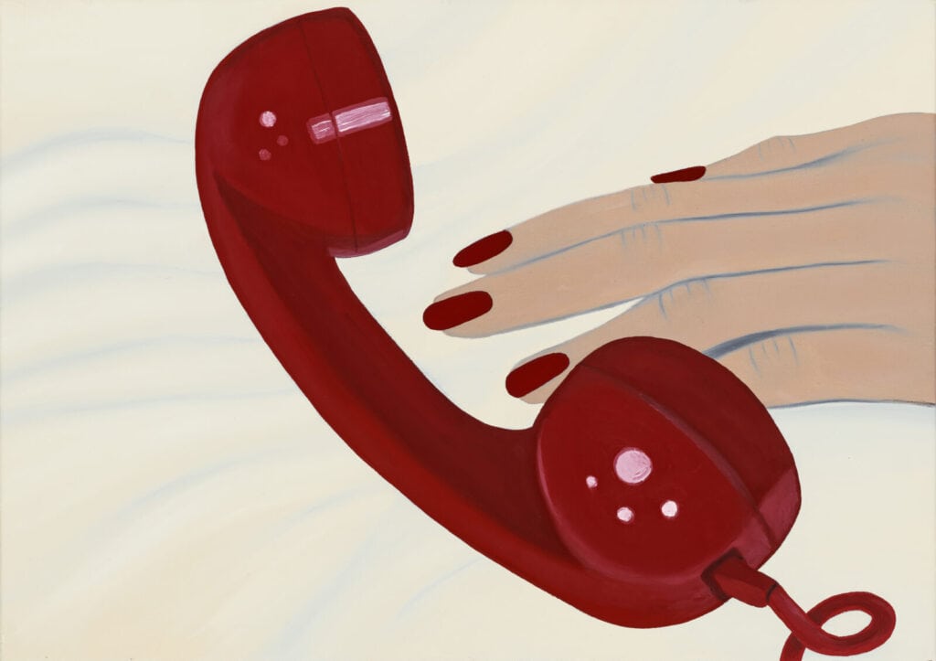 A painted image of a red rotary phone handset lying on a light surface, next to a hand with long red-painted nails. The colors are bold and the style is minimalist and modern.