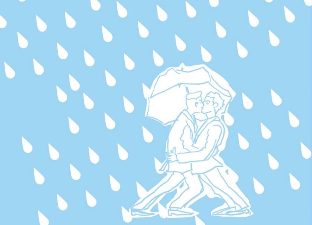 Two people embrace and kiss under an umbrella while walking in the rain. The background is blue with large white raindrops. The illustration is simple with white outlines.