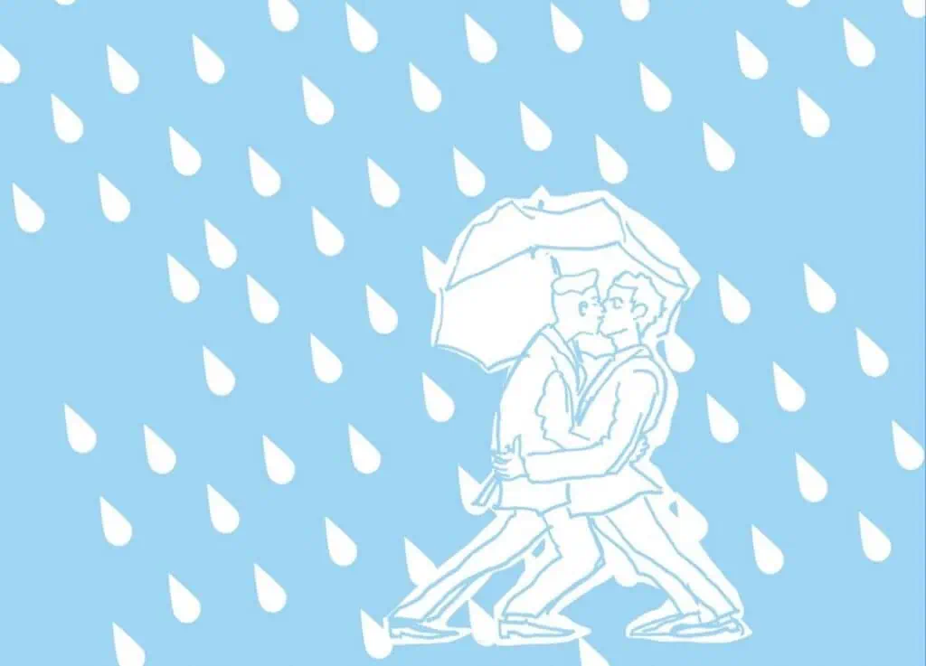 Two people embrace and kiss under an umbrella while walking in the rain. The background is blue with large white raindrops. The illustration is simple with white outlines.