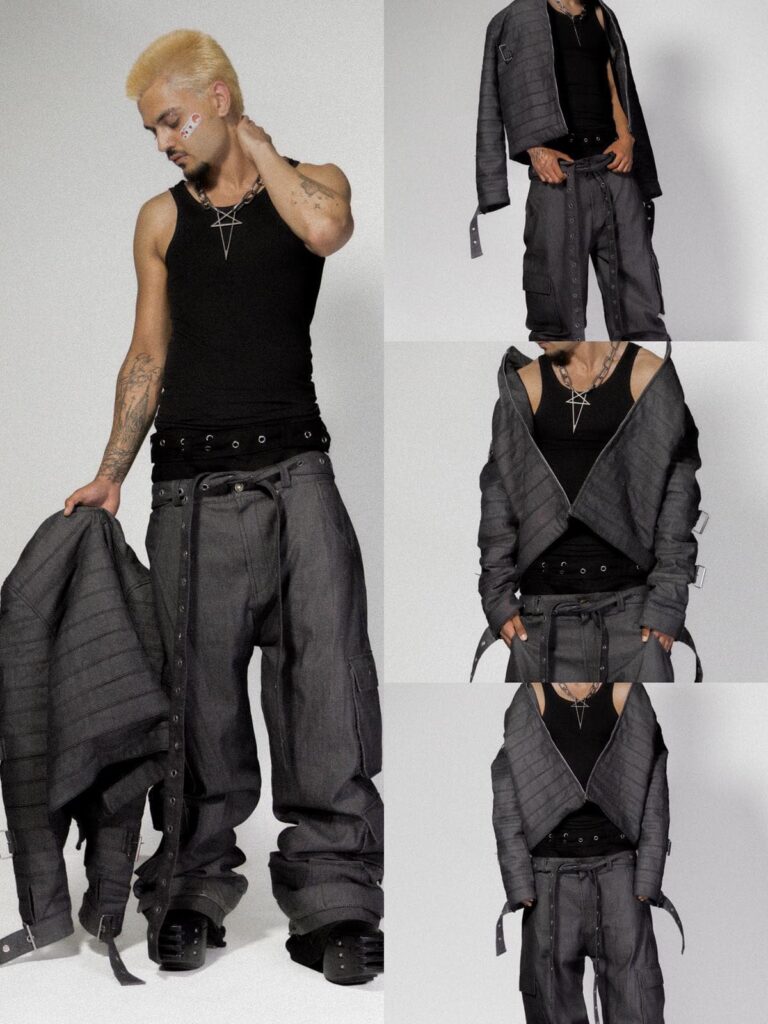 A person with short blond hair and tattoos models a black tank top, All-T¥lk baggy gray pants with belts, and a matching gray jacket, shown in various poses and styling options against a plain background.
