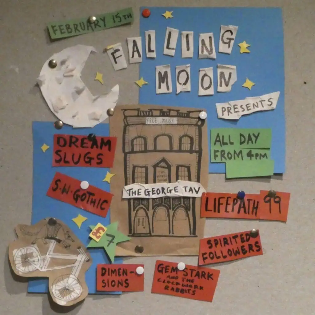 A Valentine-themed collage poster for the Falling Moon event shows a building labeled The George Tav, a paper moon, a bicycle, and colored notes listing bands and event details for February 15th from 4pm, with stars scattered around.