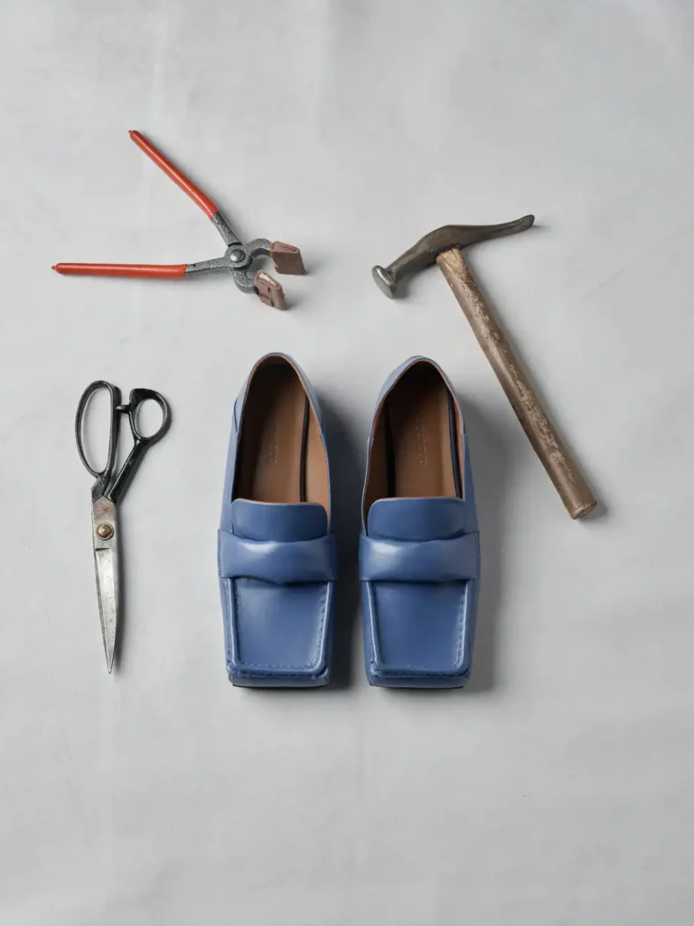 A pair of blue Finoacinque loafers is placed on a gray surface, surrounded by a pair of scissors, pliers with red handles, and a hammer.